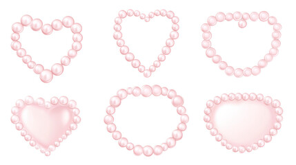 A set of pink pearl hearts and circles on transparent background
