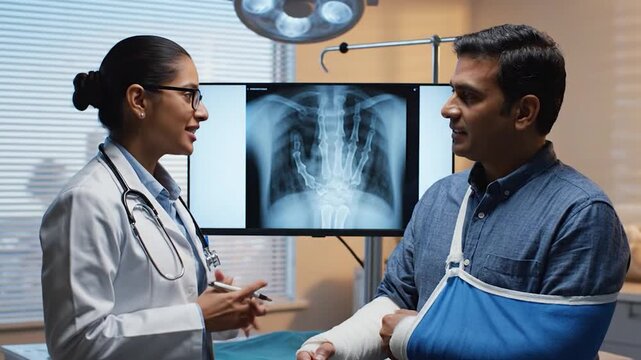Doctor shows patient injured hand X-ray