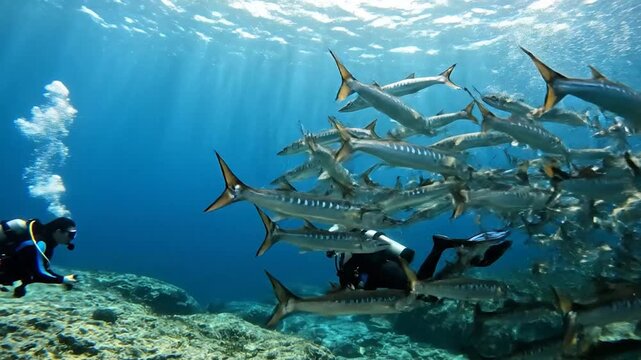 A scuba diver swims amidst a large school of fast-moving fish underwater