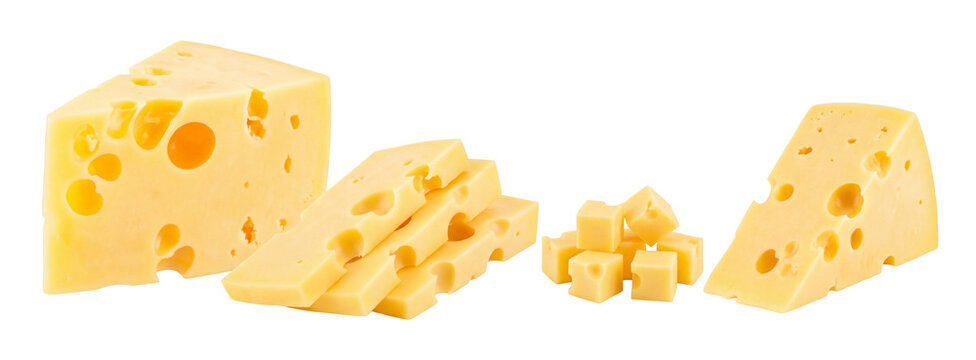 a curated selection of authentic swiss cheese in various forms, including a large wedge