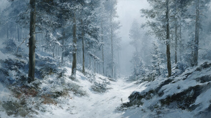 Snowy forest landscape with tall pine trees and snow covered path creating peaceful winter atmosphere in misty environment