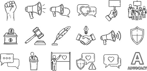 Advocacy and Social Justice Doodle Line Art Icons Set. Hand drawn symbols for activism, communication, law, protest, support, and public speaking.