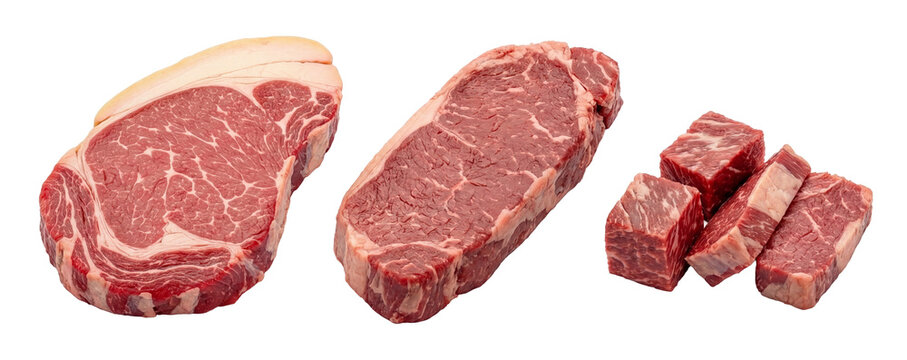 two large, uncooked marbled beef steaks and three pieces of suet arranged on a clean transparent background.