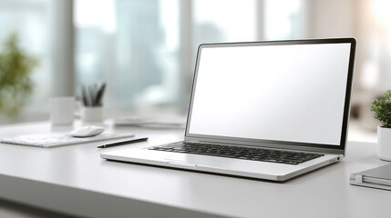 Modern laptop with blank screen on clean white desk in bright office environment with minimal decor and natural light