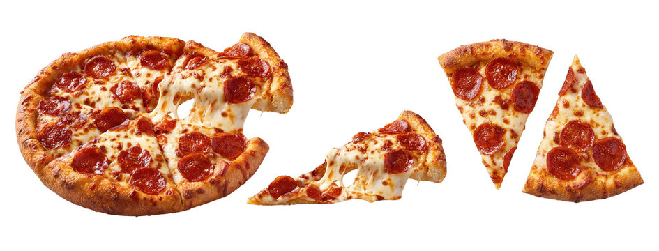 a whole pepperoni pizza with gooey cheese stretches and several cut slices, presented dynamically, ideal for food advertising and culinary websites.