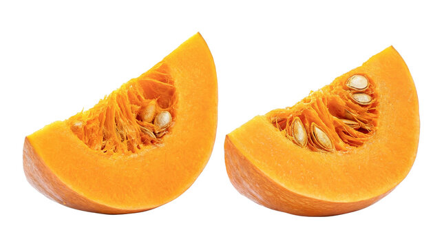two radiant orange pumpkin slices with exposed seeds and pulp, beautifully isolated on a pure transparent background, evoking autumn and healthy seasonal eating.