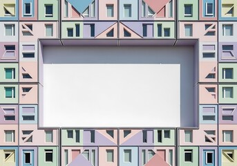 Abstract building facade with geometric pastel elements and blank billboard