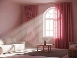 A serene scene with delicate drapes and soft illumination in living room