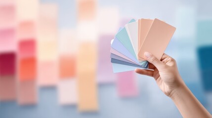 Person holding colorful paint swatches in hand, showcasing soft pastel hues against a blurred background of color samples and design inspiration