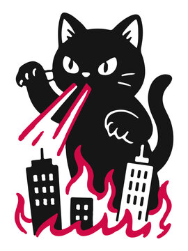 cat kitten kitty destroy city illustration