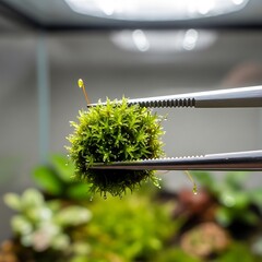 Close-up of vibrant green moss ball held by metallic tweezers indoor