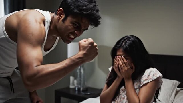 Anguished woman shields face as an enraged man looms with clenched fist