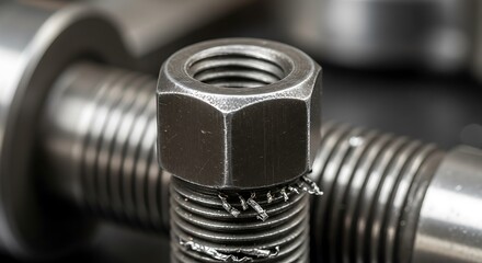 Detailed view of a threaded bolt secured with a shiny, steel hex nut