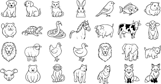 Cute Animal Icons Set: Black and white line art outlines of pets, farm, and wild animals for children's education and nature design.