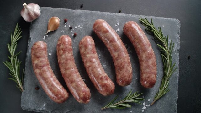 Artisan raw pork sausages, beautifully presented with fragrant rosemary sprigs, garlic bulbs, peppercorns, and rock salt on a rustic slate slab, awaiting preparation