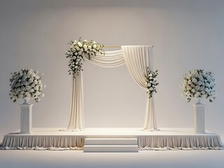 Elegant floral wedding stage setup with white roses and fabric drapes