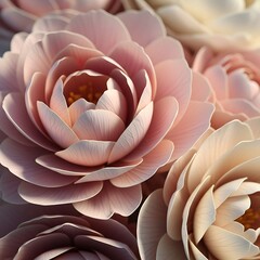 Elegant floral composition of light pink camellias in full bloom artwork