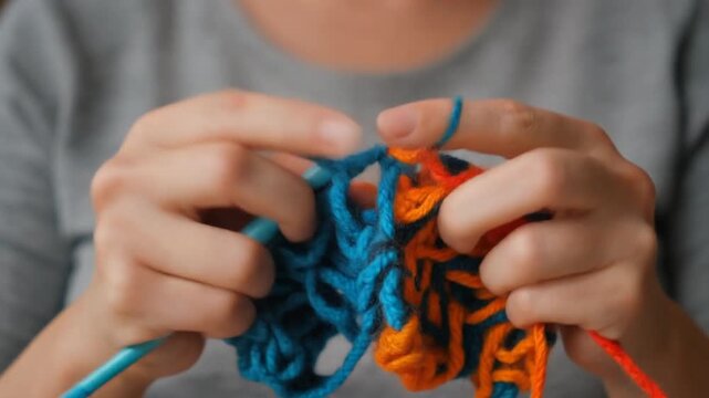 Close-up shot captures the rhythmic motion of hands expertly knitting a vibrant textile, using colorful blue and orange yarn to craft a unique, handmade item