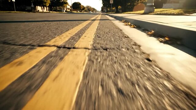 Low angle view of double yellow lines on a street with sun flares