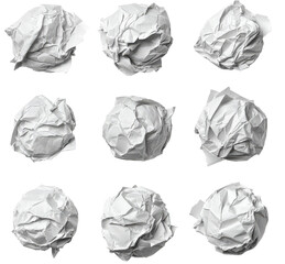 Nine crumpled paper balls on white background