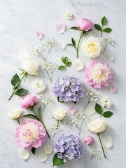 Floral Composition Featuring Peonies, Roses, Hydrangeas on Marble Surface