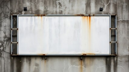 Grungy billboard frame on weathered concrete wall, urban decay visual