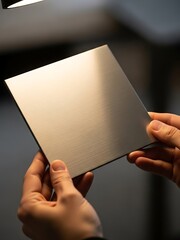 Hands holding metal panel showcasing unique texture and craftsmanship