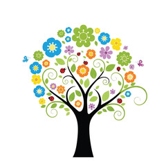 Whimsical tree illustration with flowers, leaves, black trunk and branches on white background