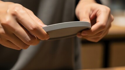 Holding a gray plate with both hands, close-up of a kitchen setting