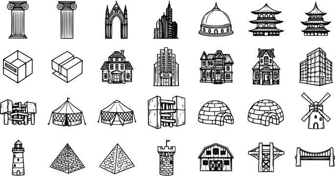 Black and White Line Art Icons of Architectural Buildings and Structures