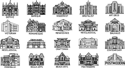 Naklejka premium Black and white line art vector icons of diverse architectural styles. Hand-drawn building facades from Gothic to Postmodern for design, history, and real estate.