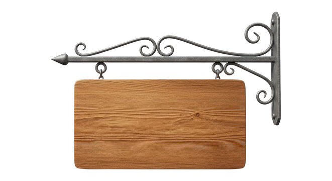 Wooden sign hanging from a decorative metal bracket isolated on transparent background