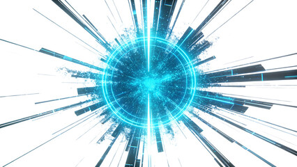 Abstract futuristic blue energy burst with radial lines, vibrant glow, and circular light effects. Digital sci-fi art with cyber and tech-inspired design elements.