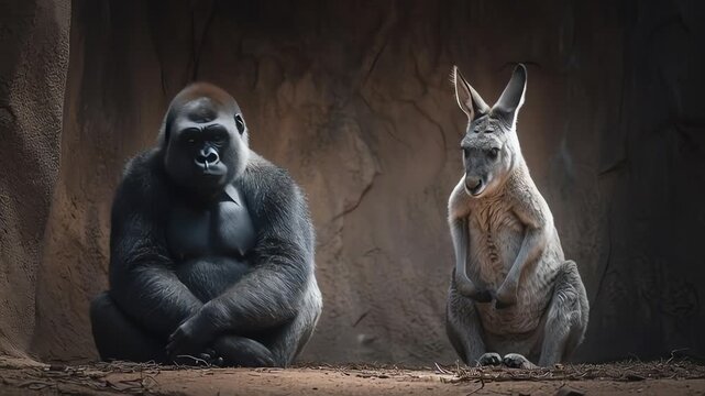 Gorilla and Kangaroo Sitting Together in Cave.
