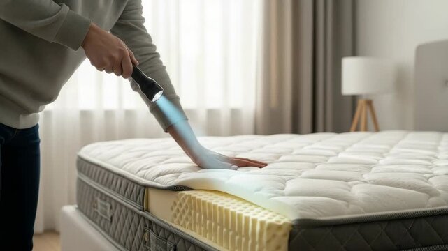 Person Uses Flashlight To Inspect Cutaway Bed Mattress In Bedroom With Sunlight Filtering Through Sheer Curtain Bed Bug Inspection Bedding Quality
