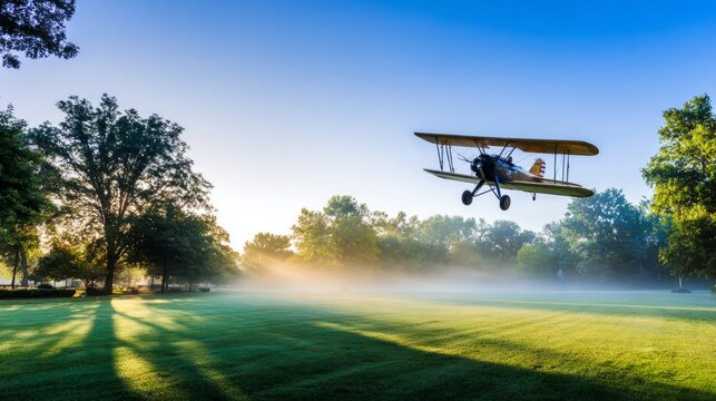 sardonyx. Early biplane flying over grassy field at dawn, long shadow sweeping across the ground. mobility guides, transit brochures, designed for transport & logistics marketing.
