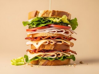 Towering Club Sandwich Stacked High on a Solid Background Ready to Eat