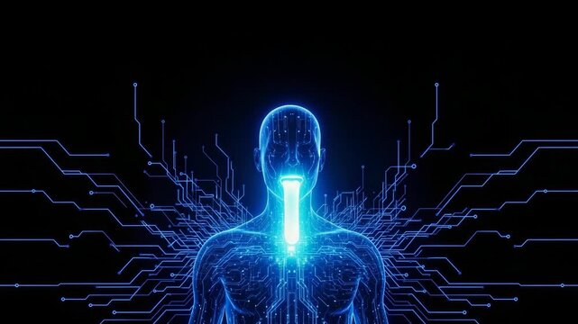 Glowing Digital Human Figure Is Depicted In Dark Blue Digital Landscape With Light Emanating From The Mouth As Circuits Flow Into The Body For Ai Future Tech Futuristic Concepts