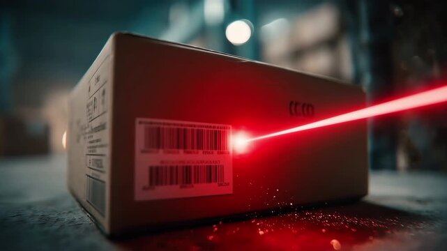 Red laser beam scanning barcode on cardboard box in industrial warehouse