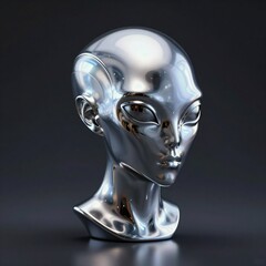 Futuristic Chrome Humanoid Alien Head with Cybernetic Details on Dark Background.