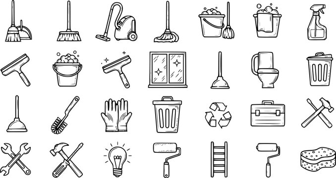 Hand Drawn Black and White Line Art Icons Set of Cleaning, Household Maintenance, and DIY Tools