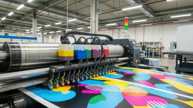 Large Format Printer Is Printing Colorful Graphics On Roll Of Paper In Printing Factory With Other Machinery In The Background For Advertising Art Design