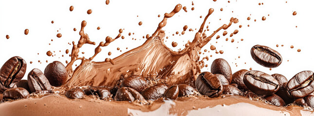 Coffee beans with chocolate splash isolated on white