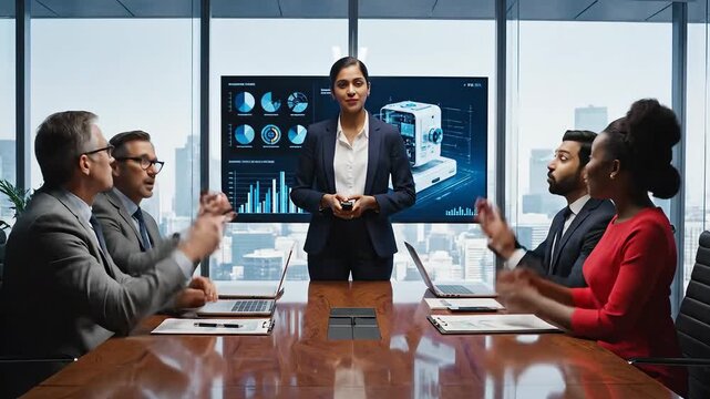 Dynamic business leader presenting innovative data insights on a large screen to a diverse team of professionals during a corporate meeting in a modern high-rise office conference room, fostering col.