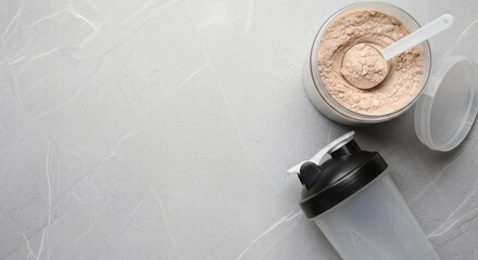 Protein Powder with Shaker on Marble Table Healthy Fitness Lifestyle concept.