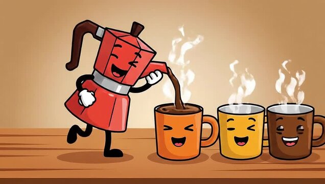 Cartoon Coffee Maker Pouring Coffee into Happy Mugs.