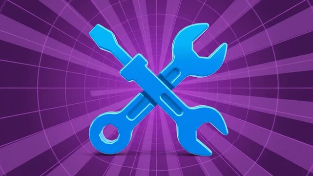Blue cross wrenches and screwdriver set on purple background with sunburst