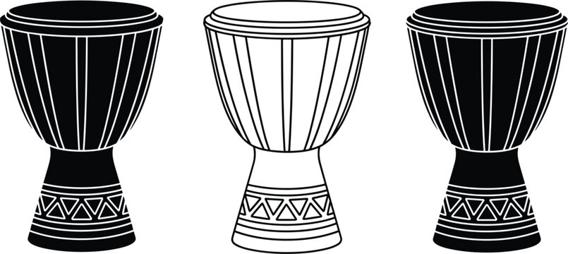 African djembe drum silhouette and outline vector illustrations set featuring traditional hand percussion instruments isolated on white background