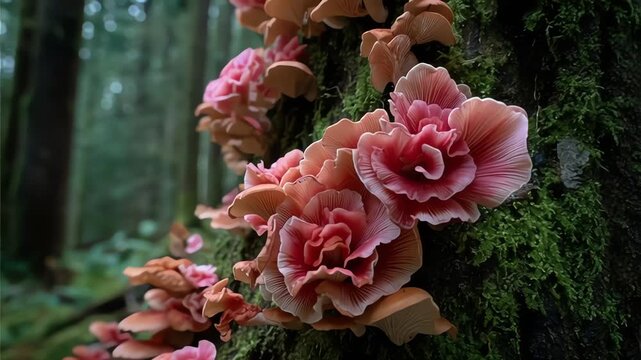 Pink fungus on tree in forest.