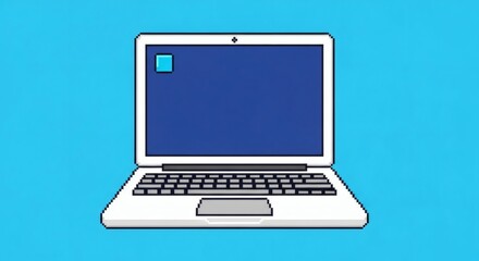 Pixel Perfect Cartoon laptop against a playful cyan backdrop.
